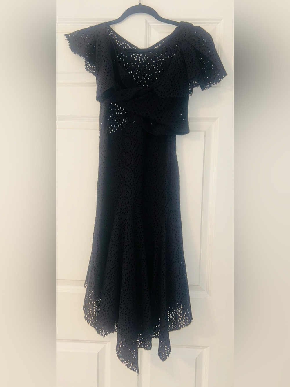 Isabel Marant Black Eyelet Short Sleeve Cap Asymmetrical Dress Midi 36 Small